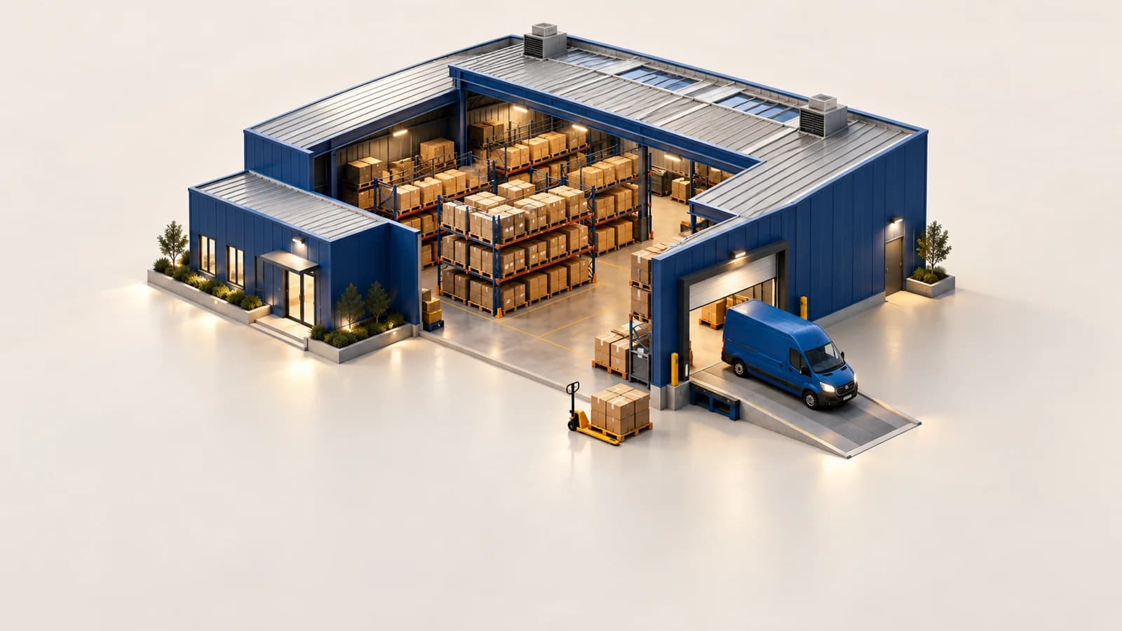Concept illustration of an organised warehouse and dispatch hub